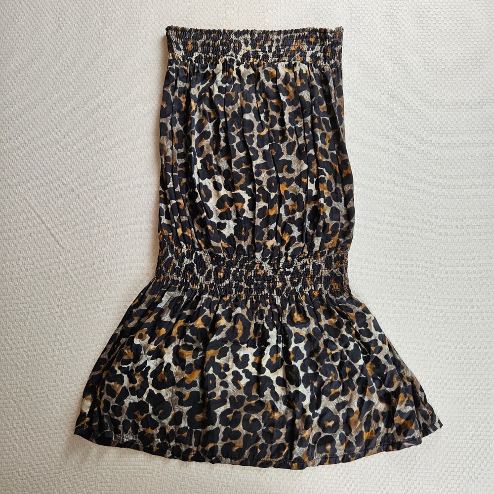 Sofia Made in Italy Leopard Print Strapless Smocked Bandeau Mini Dress Euro S
